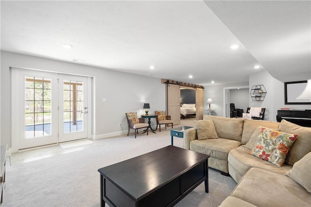 342 Juniper Way, Peters Twp, PA 15317 - living room with a barn door, carpet floors, baseboards, and recessed lighting