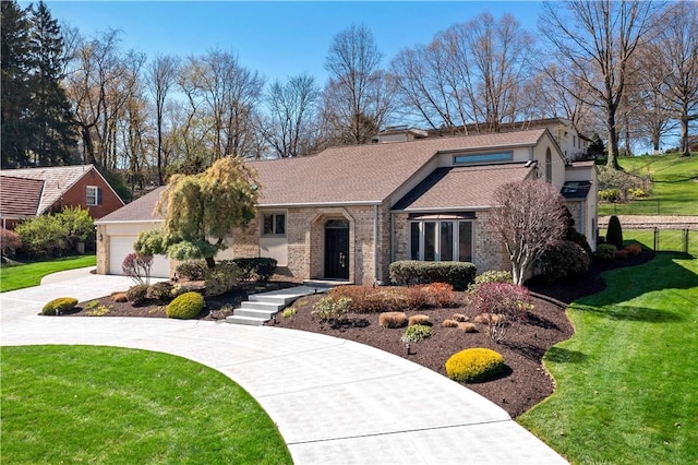 86 Lambeth Dr, Upper St Clair, PA 15241 - view of front of home with an attached garage, driveway, brick siding, and a front yard
