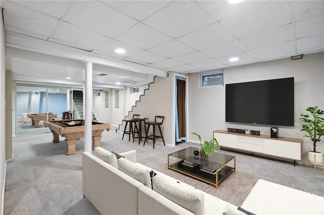 814 Greenfield Ave, Greenfield, PA 15217 - carpeted living area featuring recessed lighting, stairway, billiards, and a paneled ceiling