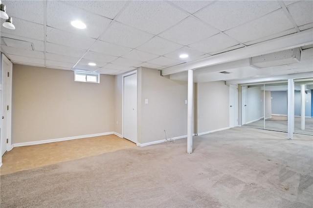 814 Greenfield Ave, Greenfield, PA 15217 - basement with baseboards, a paneled ceiling, carpet flooring, and recessed lighting