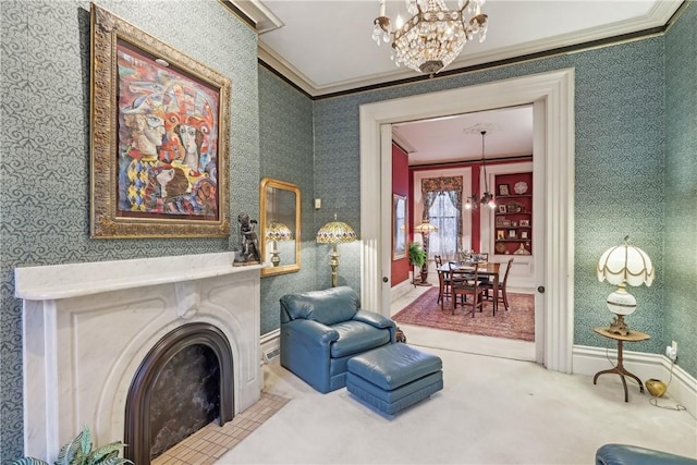 1319 Sheffield St, Manchester, PA 15233 - sitting room featuring wallpapered walls, carpet flooring, ornamental molding, and an inviting chandelier