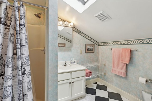 1319 Sheffield St, Manchester, PA 15233 - full bath with tile patterned floors, visible vents, wallpapered walls, a shower with shower curtain, and vanity