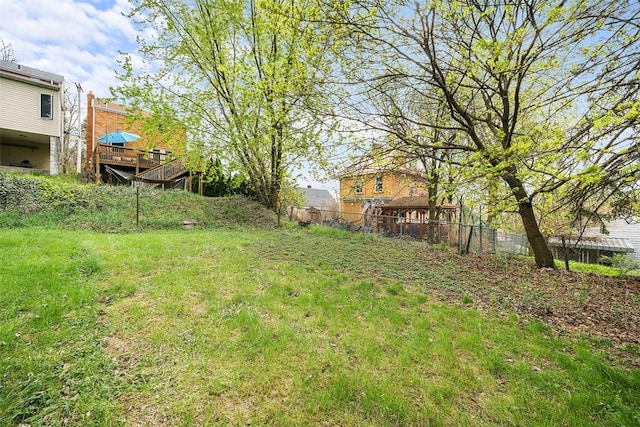 view of yard with a wooden deck and fence