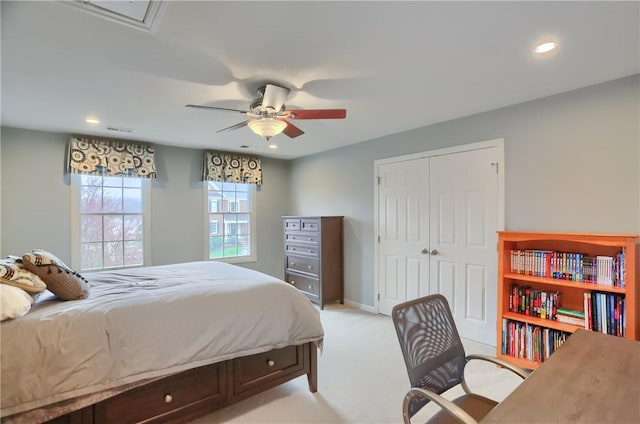 404 Plum Ct, Cranberry Twp, PA 16066 - bedroom featuring light colored carpet, recessed lighting, a closet, ceiling fan, and baseboards