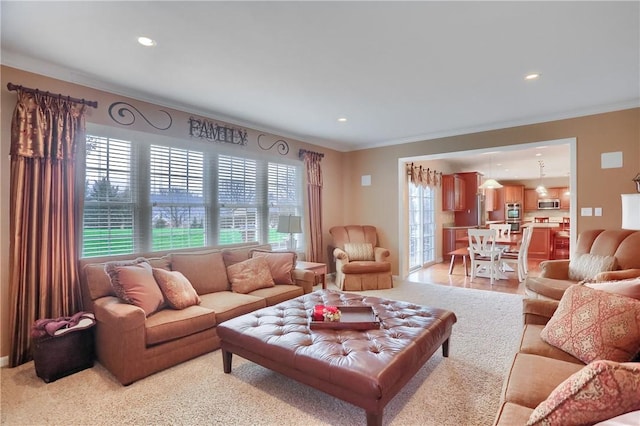 404 Plum Ct, Cranberry Twp, PA 16066 - living room with ornamental molding, recessed lighting, and light carpet
