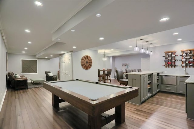 404 Plum Ct, Cranberry Twp, PA 16066 - recreation room with wood finished floors, billiards table, bar area, recessed lighting, and ornamental molding