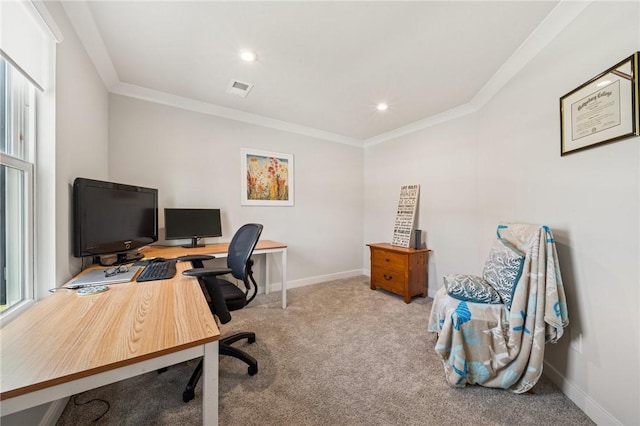 carpeted office space featuring baseboards, ornamental molding, visible vents, and recessed lighting