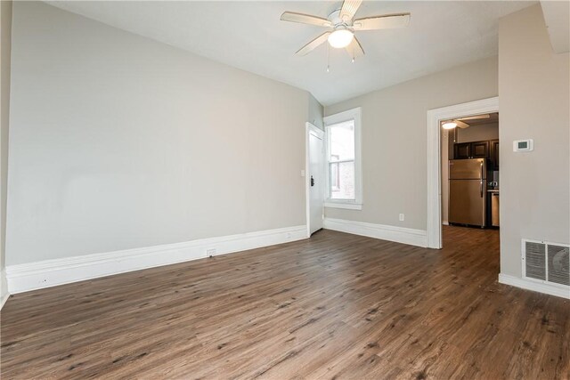 2106 Sarah St, South Side, PA 15203 - empty room with baseboards, a ceiling fan, wood finished floors, and visible vents