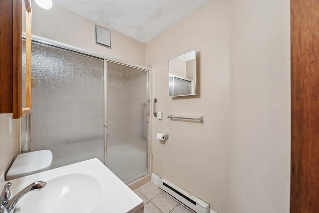 400 Allison Ave, City Of Washington, PA 15301 - full bath with a sink, a stall shower, baseboards, tile patterned flooring, and a baseboard radiator