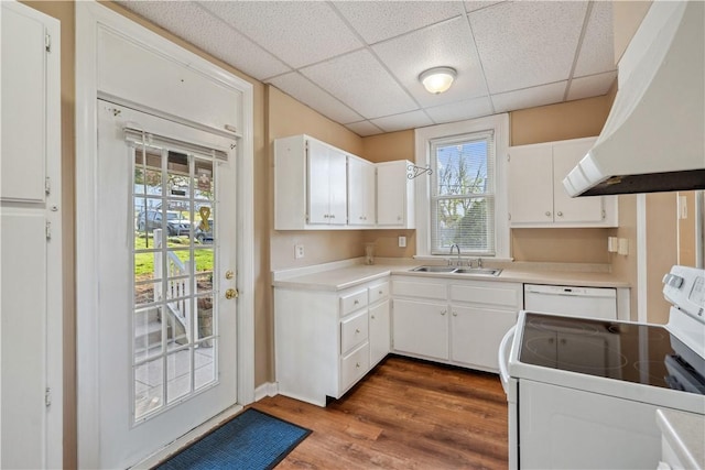 400 Allison Ave, City Of Washington, PA 15301 - kitchen with white cabinets, a sink, a drop ceiling, extractor fan, and white appliances