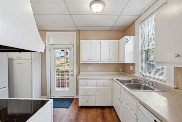 400 Allison Ave, City Of Washington, PA 15301 - kitchen featuring white cabinets, a sink, a drop ceiling, dark wood-style flooring, and white dishwasher