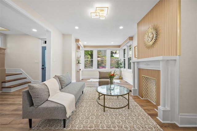 16 Fordham Ave, West View, PA 15229 - living room featuring recessed lighting, stairway, wood finished floors, baseboards, and a fireplace