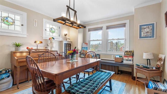 dining area featuring radiator, a notable chandelier, crown molding, and light wood-type flooring