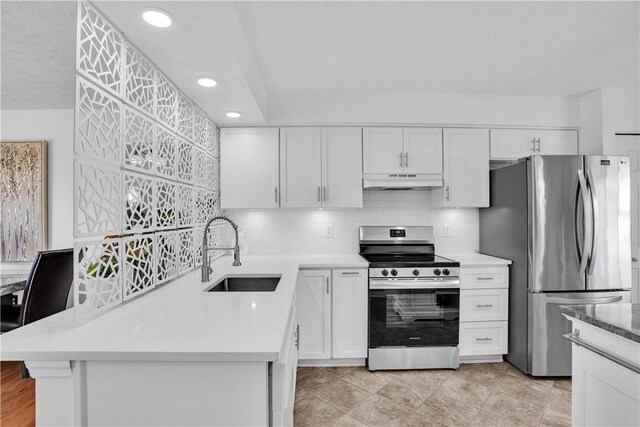 kitchen with white cabinets, a sink, recessed lighting, under cabinet range hood, and appliances with stainless steel finishes