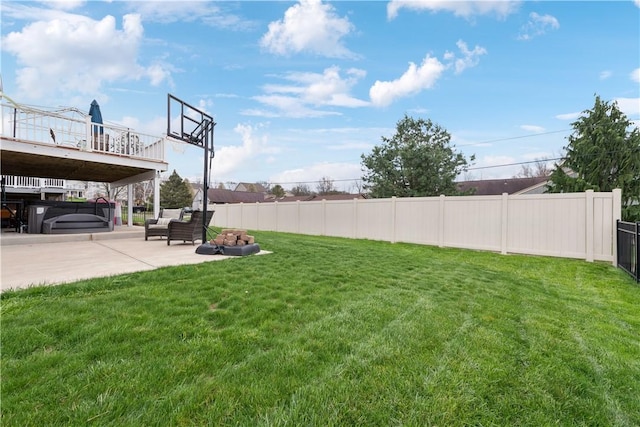 view of yard featuring outdoor lounge area, a patio, and fence private yard