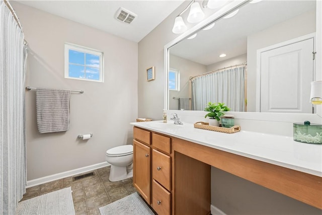 full bath featuring visible vents, baseboards, vanity, and toilet