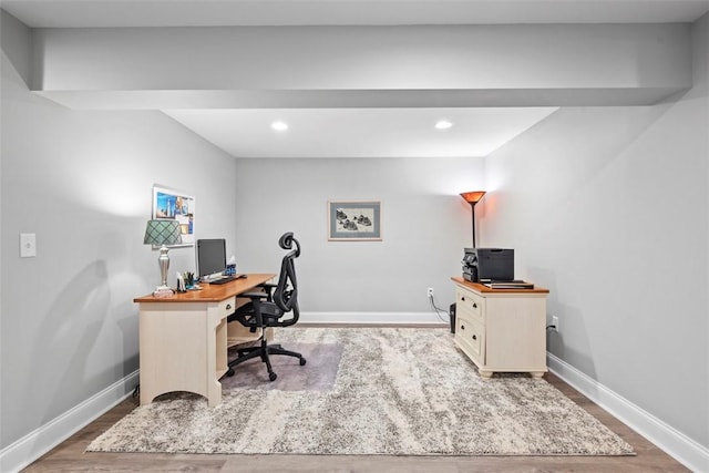 office space featuring wood finished floors, baseboards, and recessed lighting