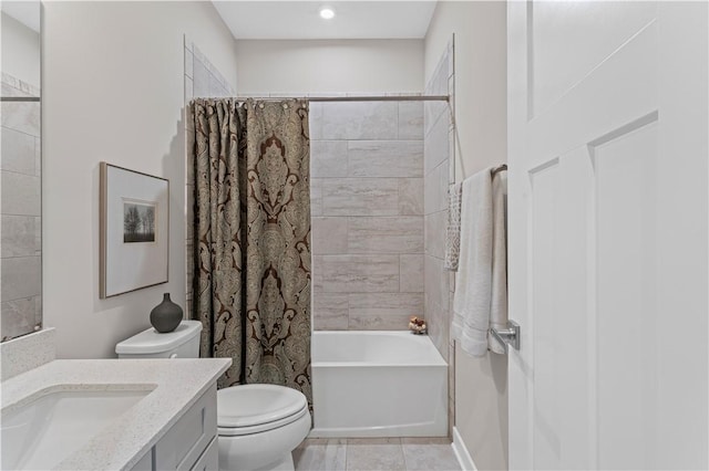full bath with recessed lighting, tile patterned flooring, shower / bath combination with curtain, toilet, and vanity