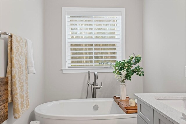 full bathroom featuring a freestanding tub and vanity