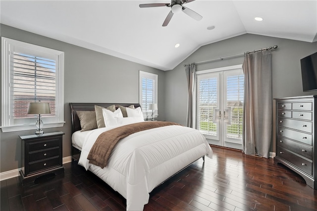 bedroom with recessed lighting, ceiling fan, access to outside, vaulted ceiling, and wood finished floors