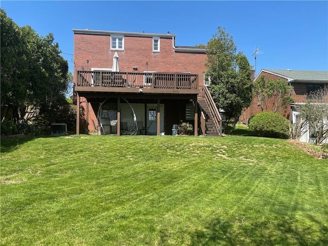4710 Doverdell Dr, Whitehall, PA 15236 - back of house with a wooden deck, a lawn, brick siding, and stairs
