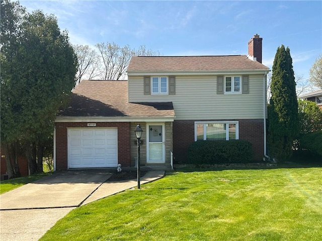 4710 Doverdell Dr, Whitehall, PA 15236 - traditional-style home featuring a front lawn, a chimney, brick siding, concrete driveway, and an attached garage