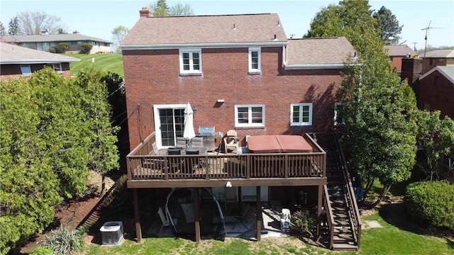 4710 Doverdell Dr, Whitehall, PA 15236 - back of property with stairs, a wooden deck, a chimney, a shingled roof, and brick siding