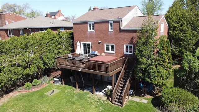 4710 Doverdell Dr, Whitehall, PA 15236 - rear view of property featuring a deck, a chimney, a yard, brick siding, and stairway