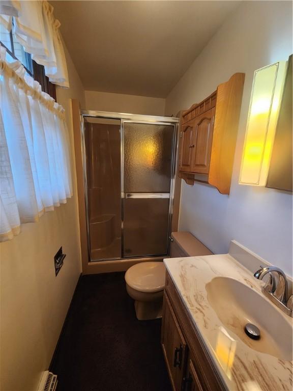 bathroom with vanity, toilet, and a stall shower