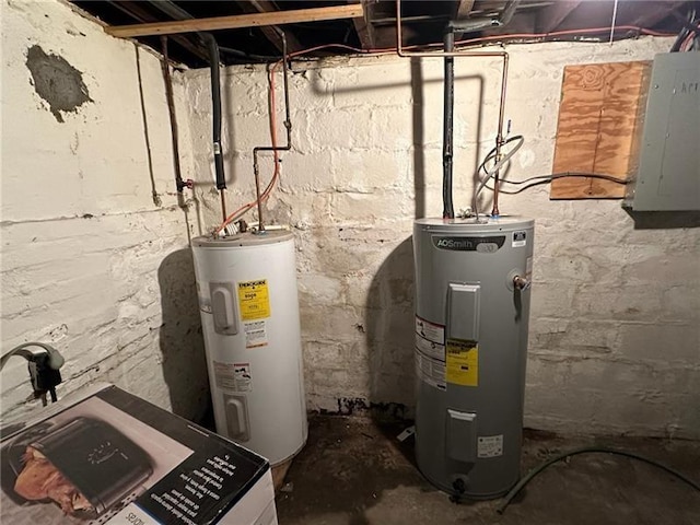 utilities featuring electric water heater, electric panel, and washer / dryer