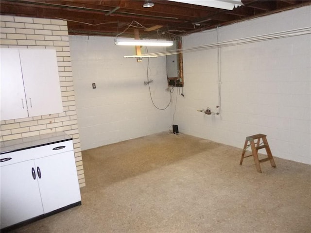 unfinished basement featuring concrete block wall