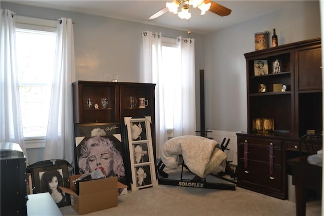 bedroom featuring a ceiling fan and carpet flooring