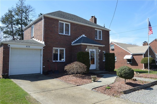 408 Craigdell Rd, New Kensington, PA 15068 - view of front of house with brick siding, an attached garage, concrete driveway, and a chimney