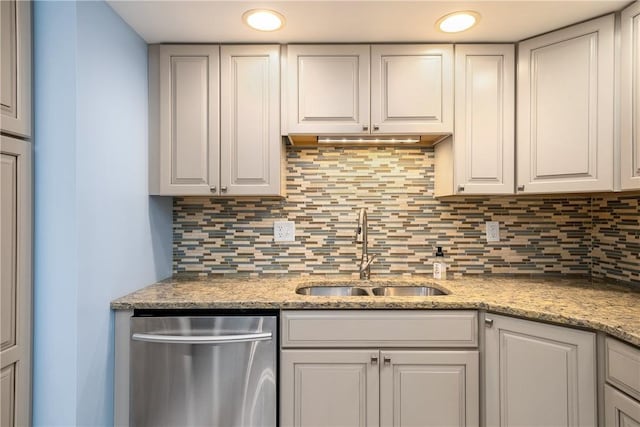 kitchen with stainless steel dishwasher, a sink, backsplash, and white cabinets