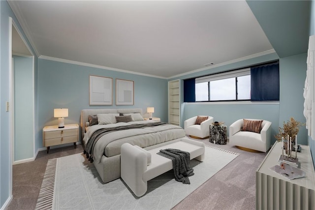 bedroom with baseboards, ornamental molding, carpet, and visible vents