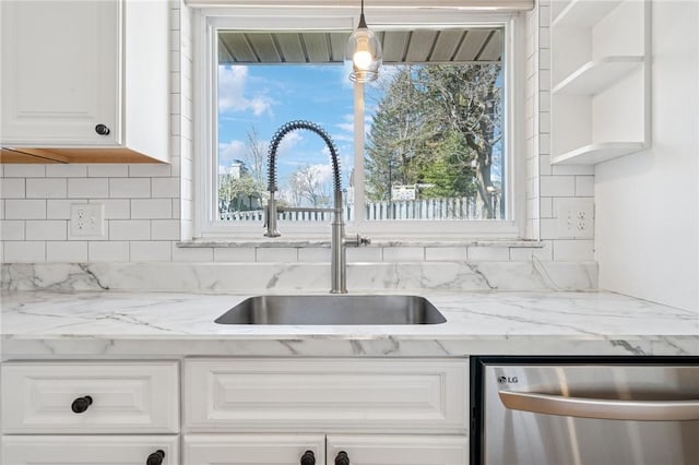 3352 Evergreen Dr, Murrysville, PA 15668 - kitchen with tasteful backsplash, white cabinets, a sink, light stone countertops, and dishwasher