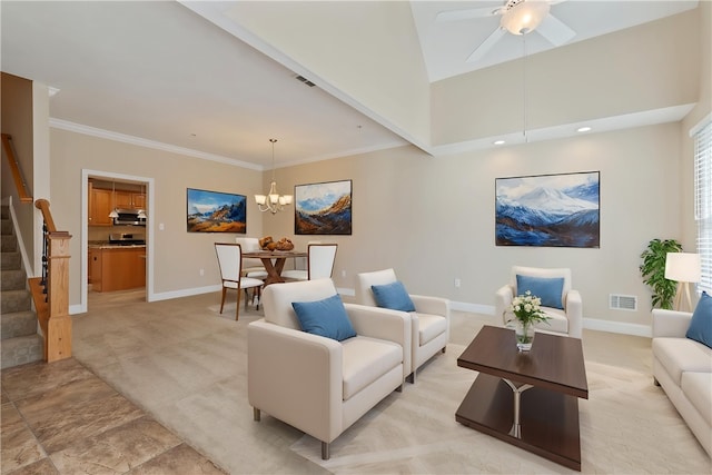 living area with stairway, light carpet, ceiling fan with notable chandelier, baseboards, and visible vents