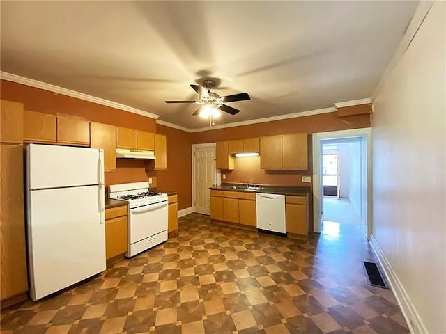 242-244 Shaler St, Mt Washington, PA 15211 - kitchen with dark floors, dark countertops, under cabinet range hood, white appliances, and a ceiling fan
