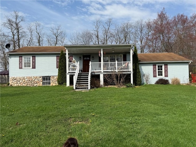 1611 Oneida Valley Rd, Concord Twp, PA 16025 - view of front of property featuring stairway, a porch, a front lawn, and roof with shingles