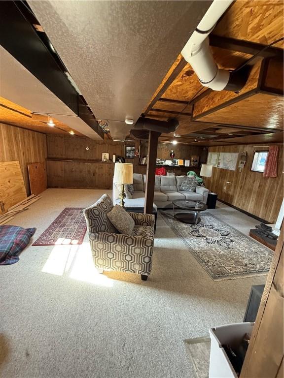 1611 Oneida Valley Rd, Concord Twp, PA 16025 - basement with wood walls, a textured ceiling, and carpet