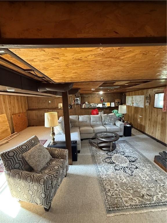 1611 Oneida Valley Rd, Concord Twp, PA 16025 - carpeted living room featuring wooden walls