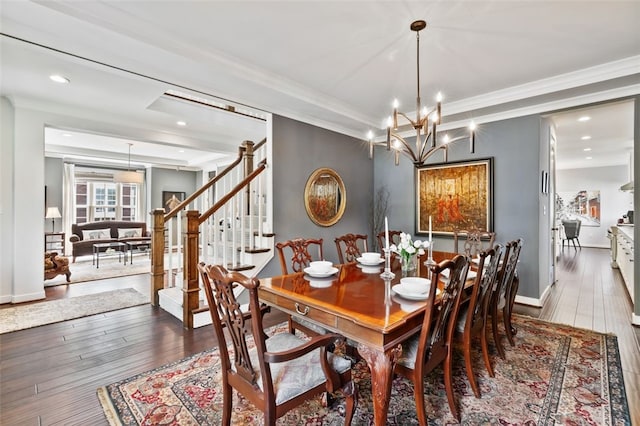 331 Boundary St, Sewickley, PA 15143 - dining space featuring crown molding, stairs, hardwood / wood-style floors, and a chandelier
