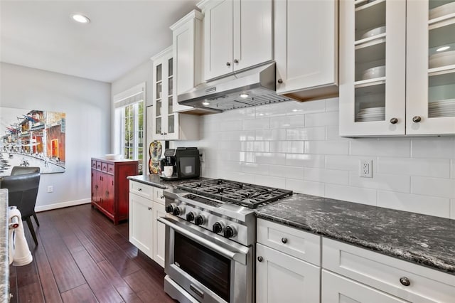 331 Boundary St, Sewickley, PA 15143 - kitchen featuring white cabinetry, baseboards, high end stove, and under cabinet range hood