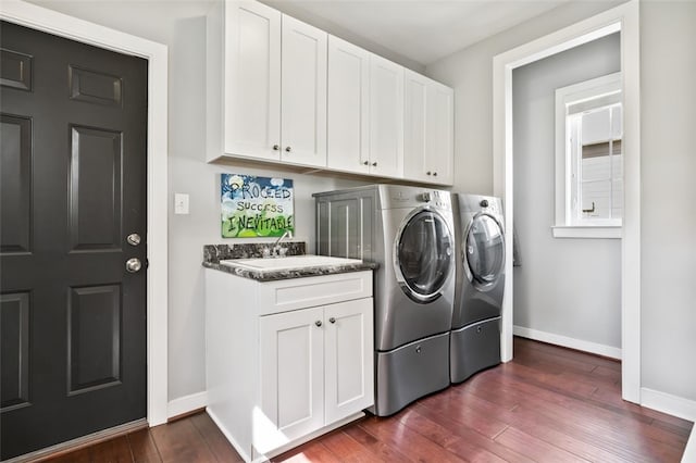 331 Boundary St, Sewickley, PA 15143 - clothes washing area featuring dark wood-type flooring, separate washer and dryer, a sink, and baseboards