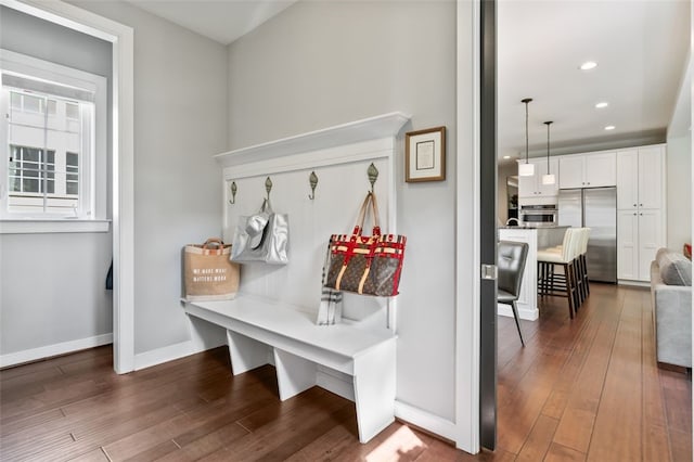331 Boundary St, Sewickley, PA 15143 - mudroom with dark wood-style floors, recessed lighting, and baseboards