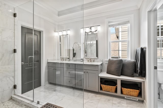 331 Boundary St, Sewickley, PA 15143 - full bathroom with double vanity, marble finish floor, toilet, a sink, and a stall shower