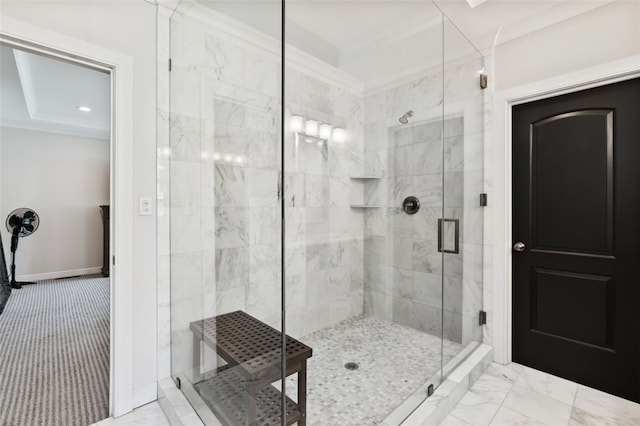 331 Boundary St, Sewickley, PA 15143 - bathroom with ornamental molding, a stall shower, and baseboards