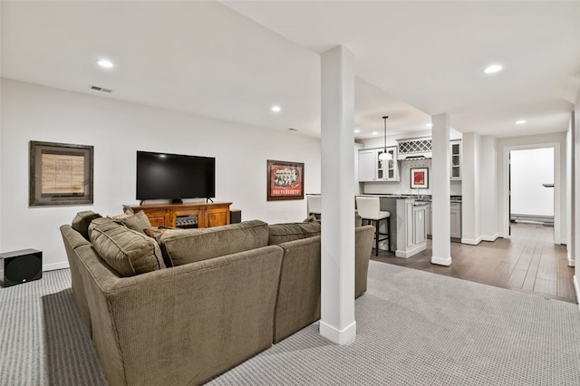 331 Boundary St, Sewickley, PA 15143 - living room featuring recessed lighting, dark wood finished floors, visible vents, and baseboards