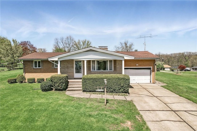 single story home featuring a garage, a front lawn, a chimney, brick siding, and concrete driveway