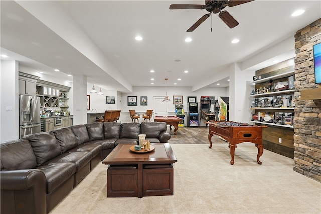 133 Morningside Dr, Cranberry Twp, PA 16066 - living room featuring bar with sink, recessed lighting, ceiling fan, and light wood-style floors